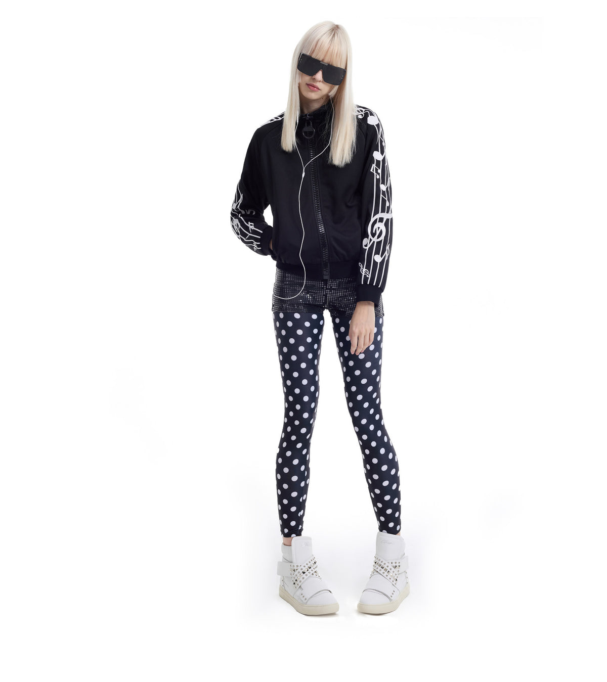 Musical Note Embroidered Stand Collar Zip Jacket