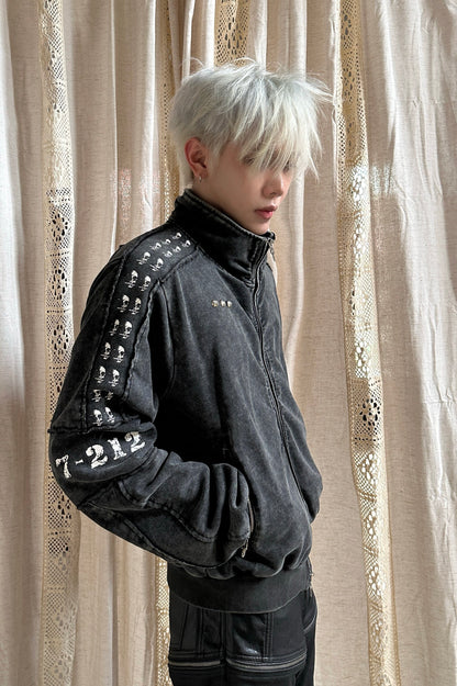 Washed Graphic Patch Stand Collar Zip Jacket