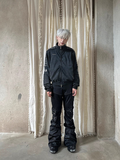 Washed Graphic Patch Stand Collar Zip Jacket