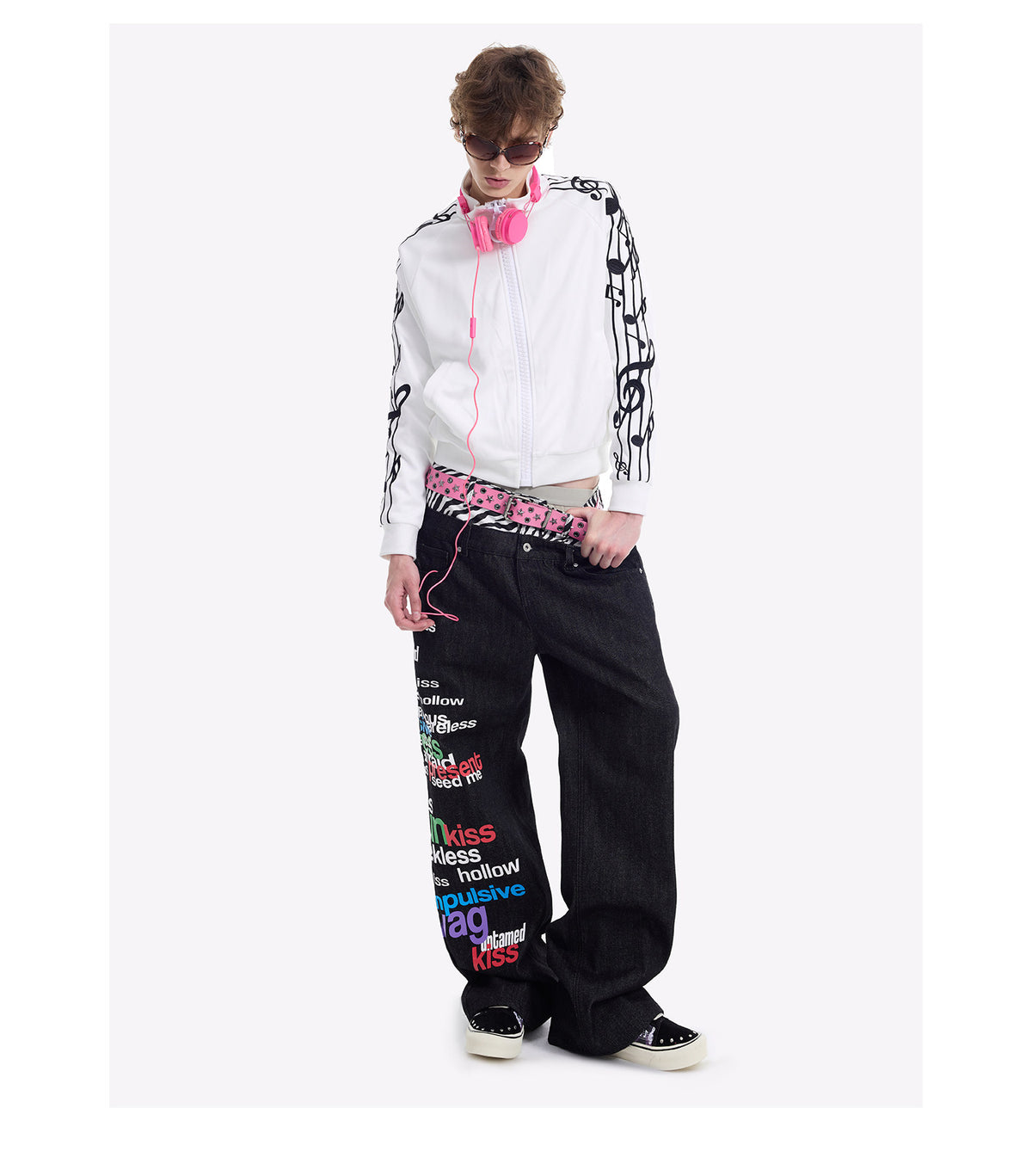 Musical Note Embroidered Stand Collar Zip Jacket