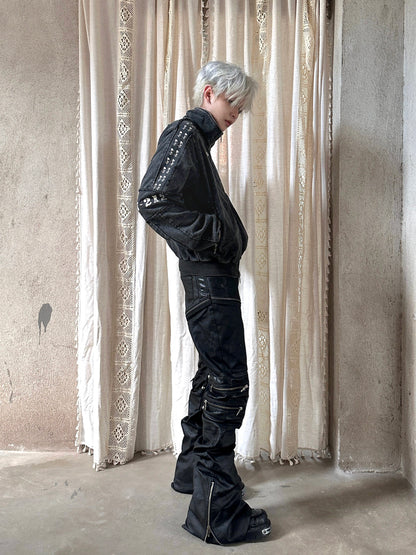 Washed Graphic Patch Stand Collar Zip Jacket