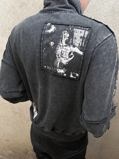 Washed Graphic Patch Stand Collar Zip Jacket