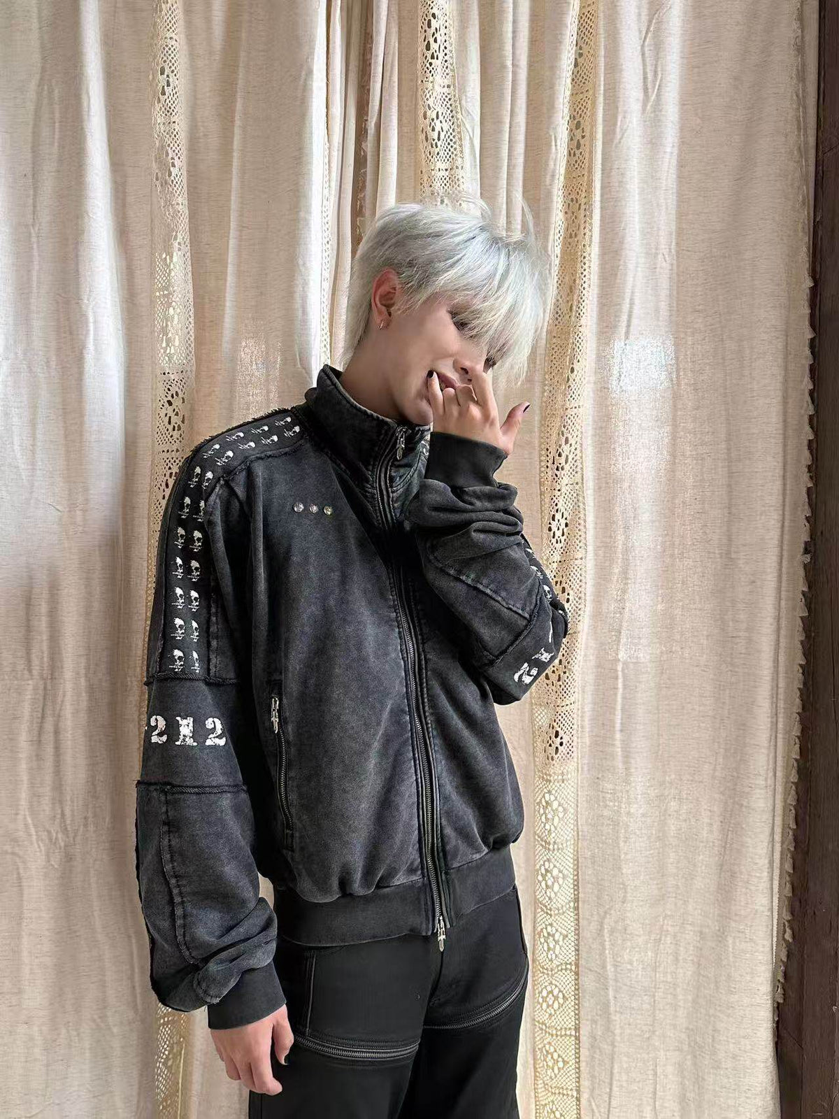 Washed Graphic Patch Stand Collar Zip Jacket