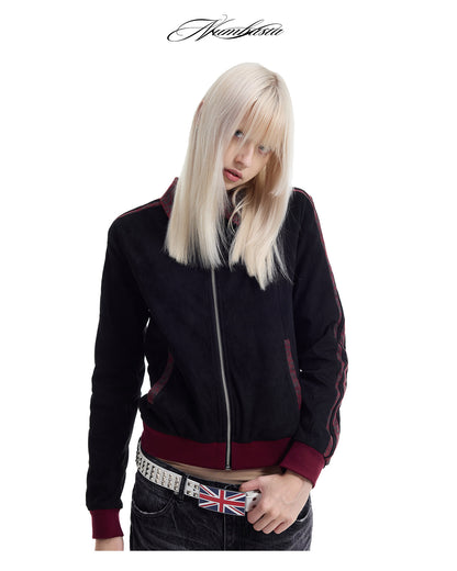Black Red Embroidered Slim Fit Zip Jacket