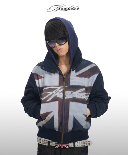 Cross Logo Printed Hooded Padded Bomber Jacket