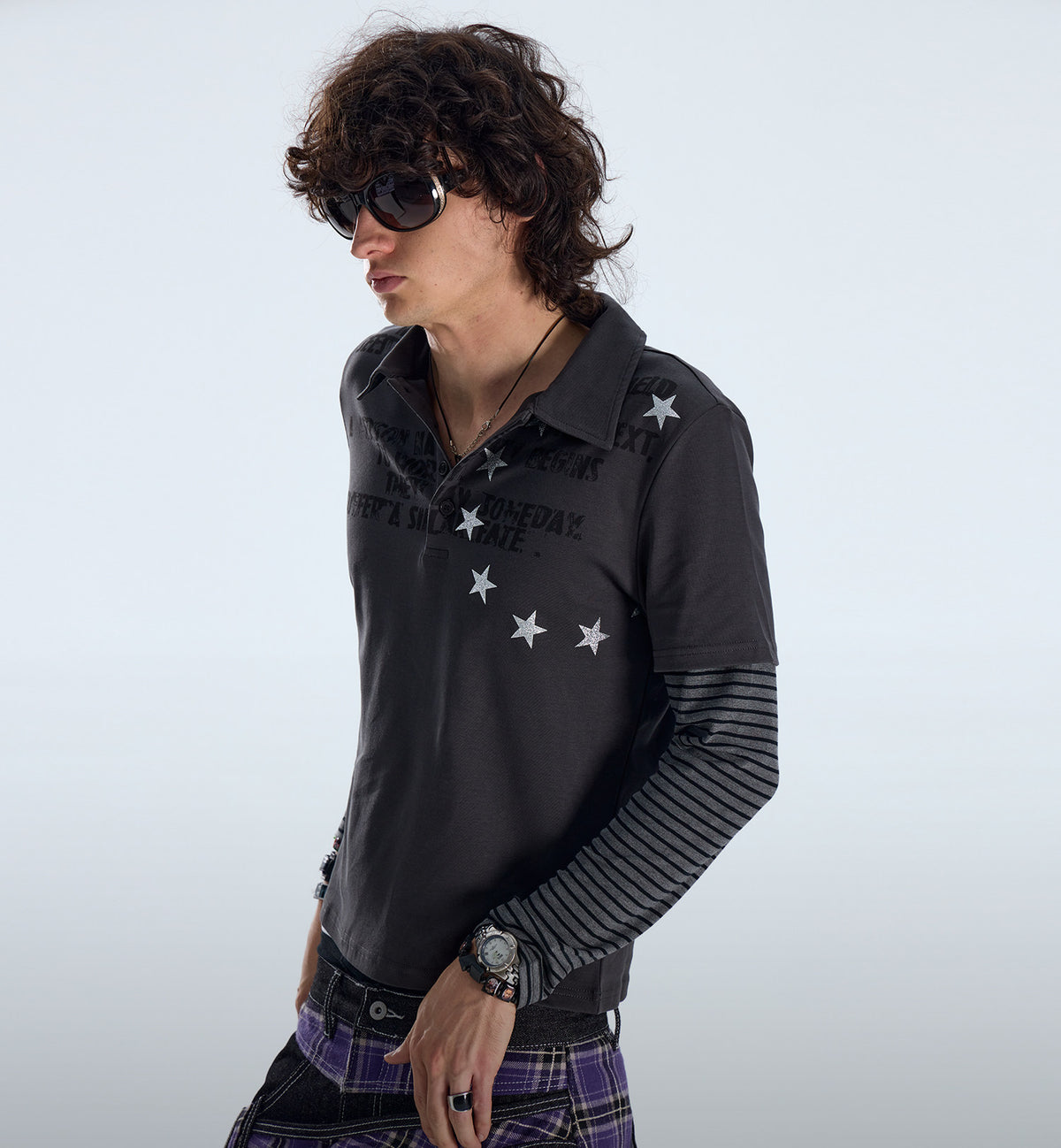 Star Pattern Layered Look Long Sleeve Polo Shirt