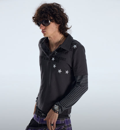 Star Pattern Layered Look Long Sleeve Polo Shirt
