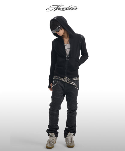 Studded Hood Leather Look Panel Zip Up Hoodie