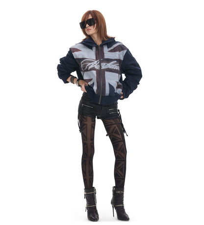 Cross Logo Printed Hooded Padded Bomber Jacket