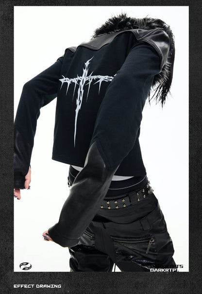 Detachable Faux Fur Collar Printed Long Sleeve Polo