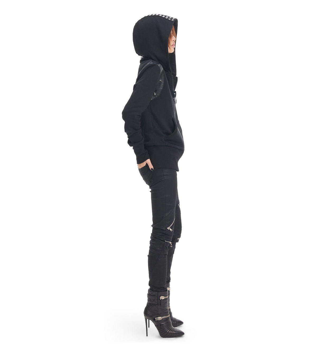 Studded Hood Leather Look Panel Zip Up Hoodie