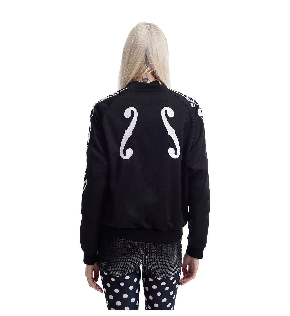 Musical Note Embroidered Stand Collar Zip Jacket