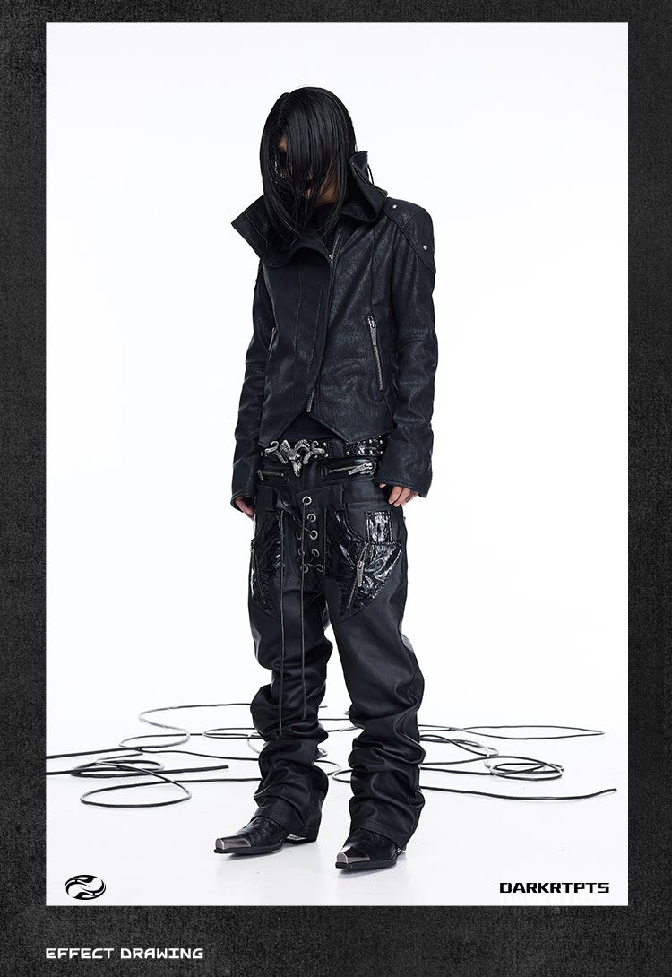 Double Waist PU Panel Drawstring Straight Jeans