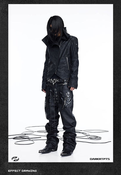 Double Waist PU Panel Drawstring Straight Jeans