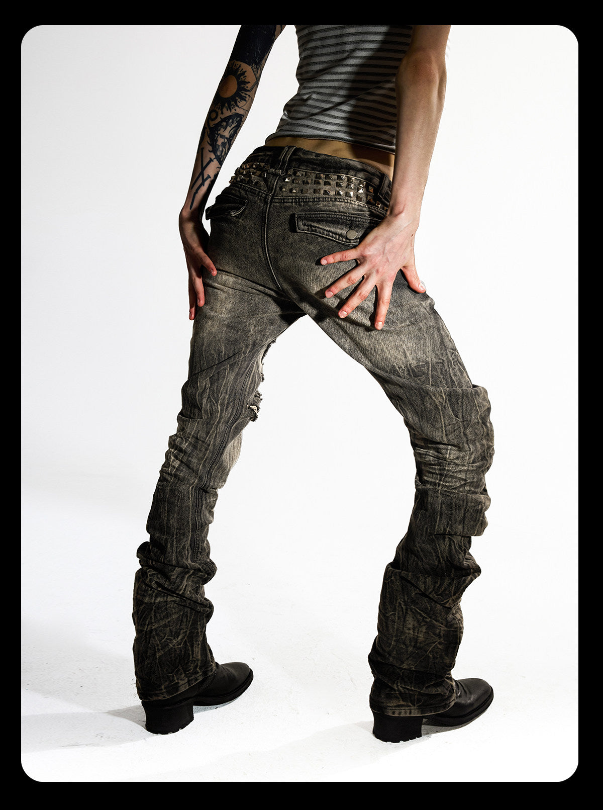 Khaki Studded Curved Seam Stacked Jeans