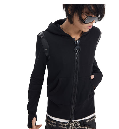 Studded Hood Leather Look Panel Zip Up Hoodie