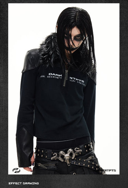 Detachable Faux Fur Collar Printed Long Sleeve Polo
