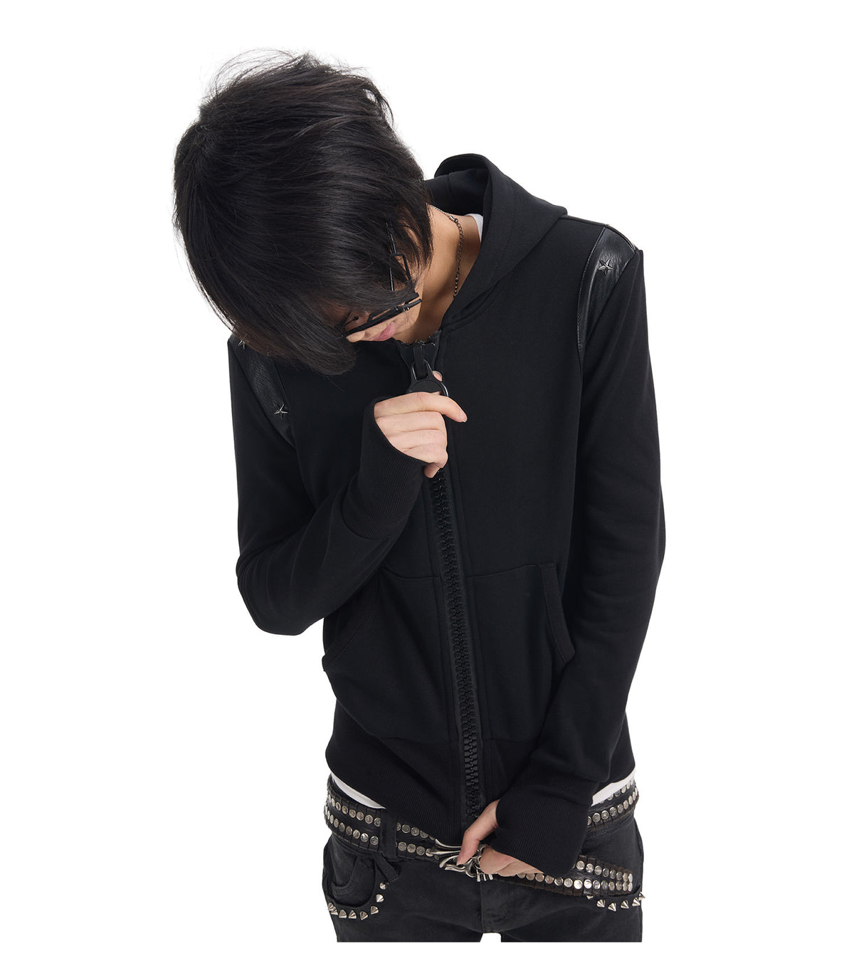 Studded Hood Leather Look Panel Zip Up Hoodie