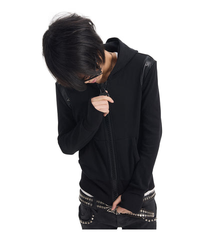 Studded Hood Leather Look Panel Zip Up Hoodie