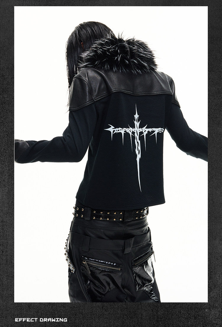 Detachable Faux Fur Collar Printed Long Sleeve Polo