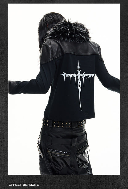 Detachable Faux Fur Collar Printed Long Sleeve Polo