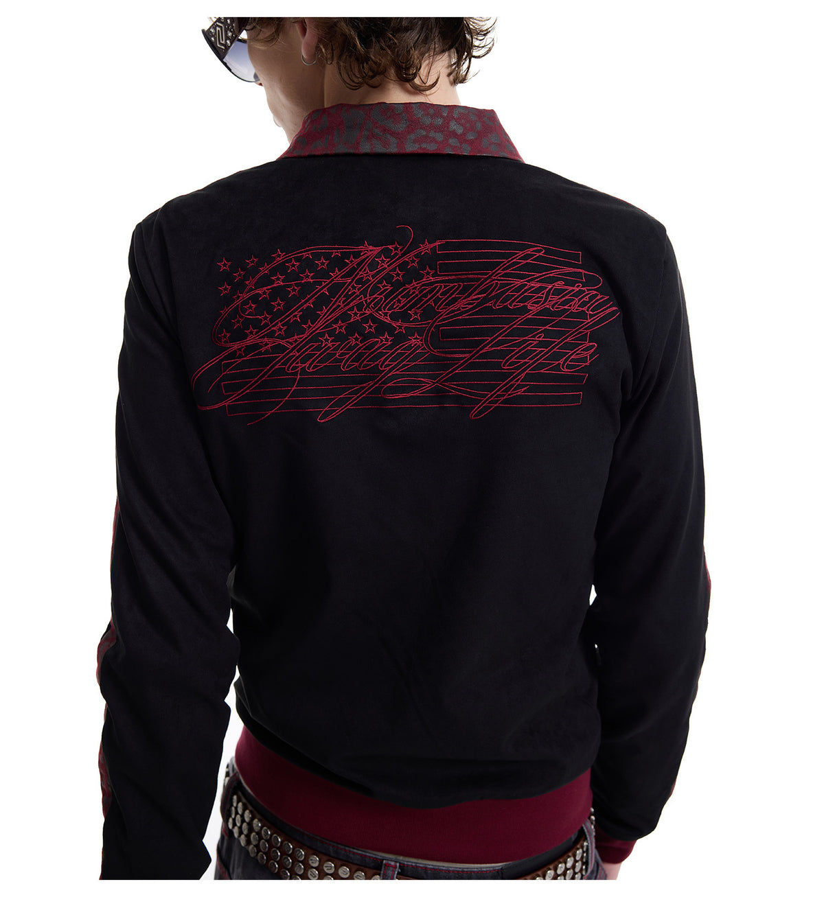 Black Red Embroidered Slim Fit Zip Jacket