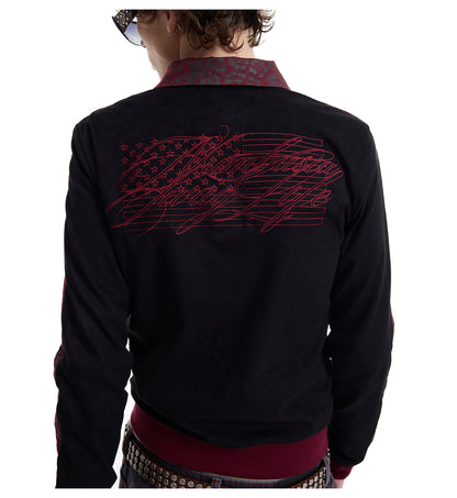 Black Red Embroidered Slim Fit Zip Jacket