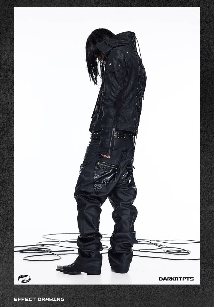 Double Waist PU Panel Drawstring Straight Jeans