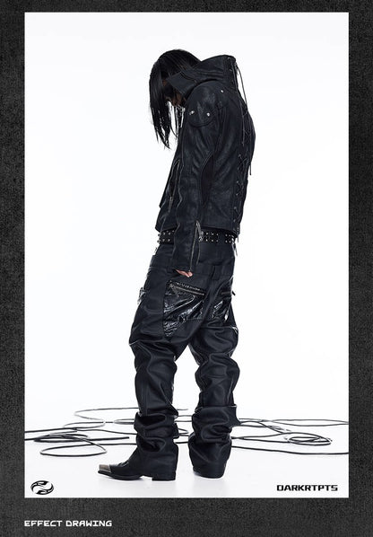 Double Waist PU Panel Drawstring Straight Jeans