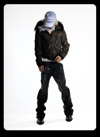 Detachable Faux Fur Collar Jacquard Zip Jacket