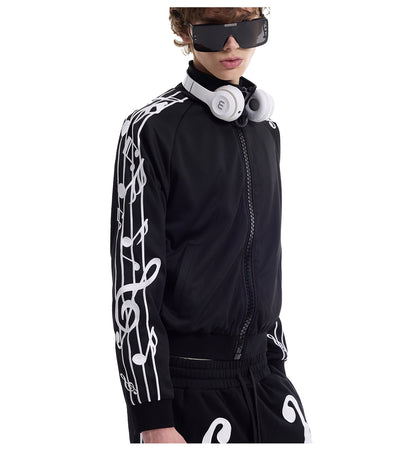 Musical Note Embroidered Stand Collar Zip Jacket