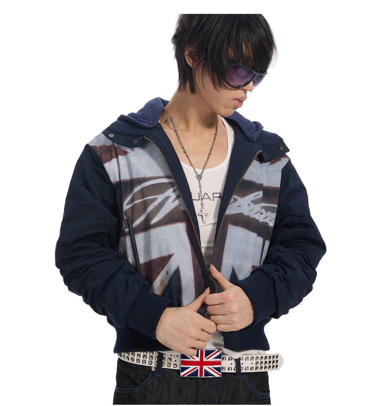 Cross Logo Printed Hooded Padded Bomber Jacket