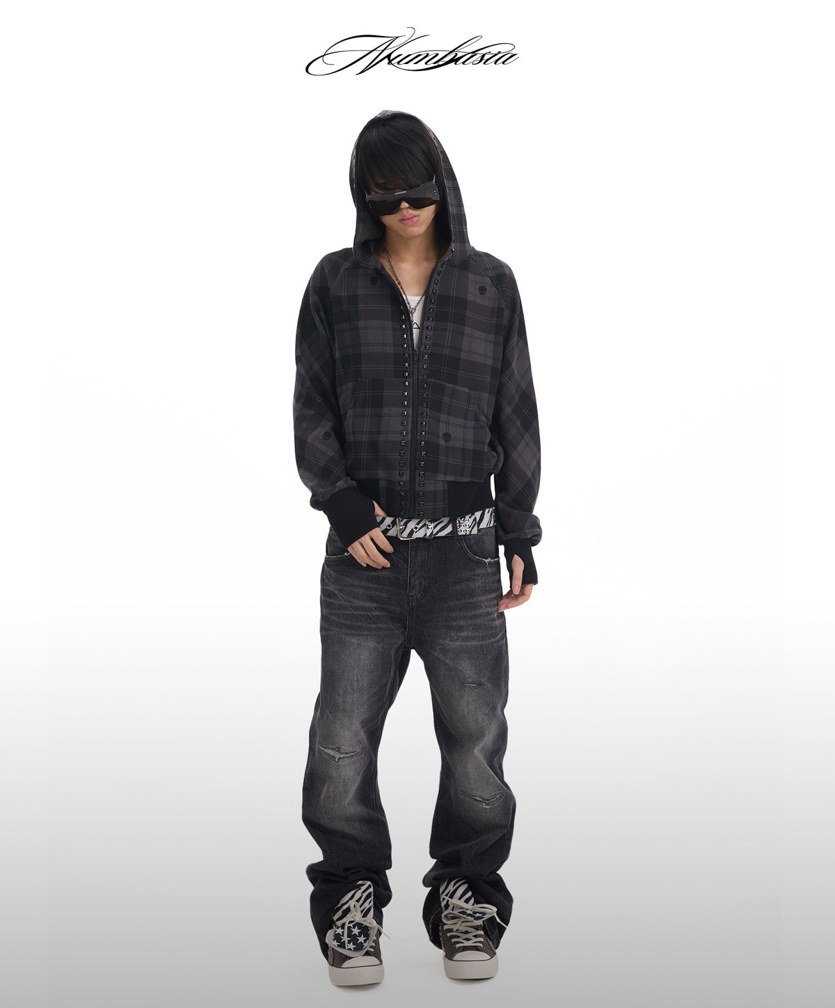 Dark Plaid Raglan Zip Up Hoodie