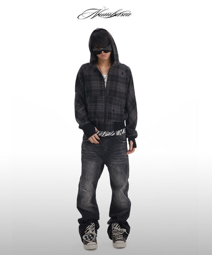 Dark Plaid Raglan Zip Up Hoodie