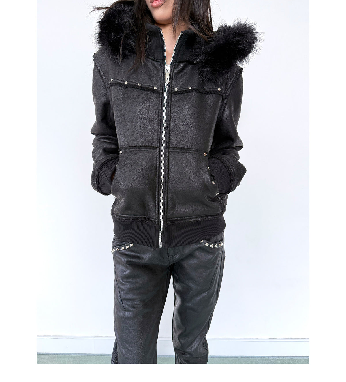 Cracked Faux Leather Fur Trim Hooded Jacket
