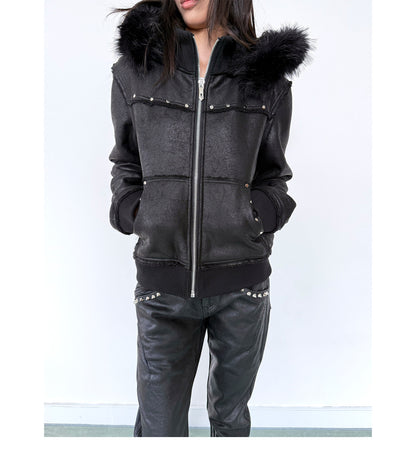 Cracked Faux Leather Fur Trim Hooded Jacket