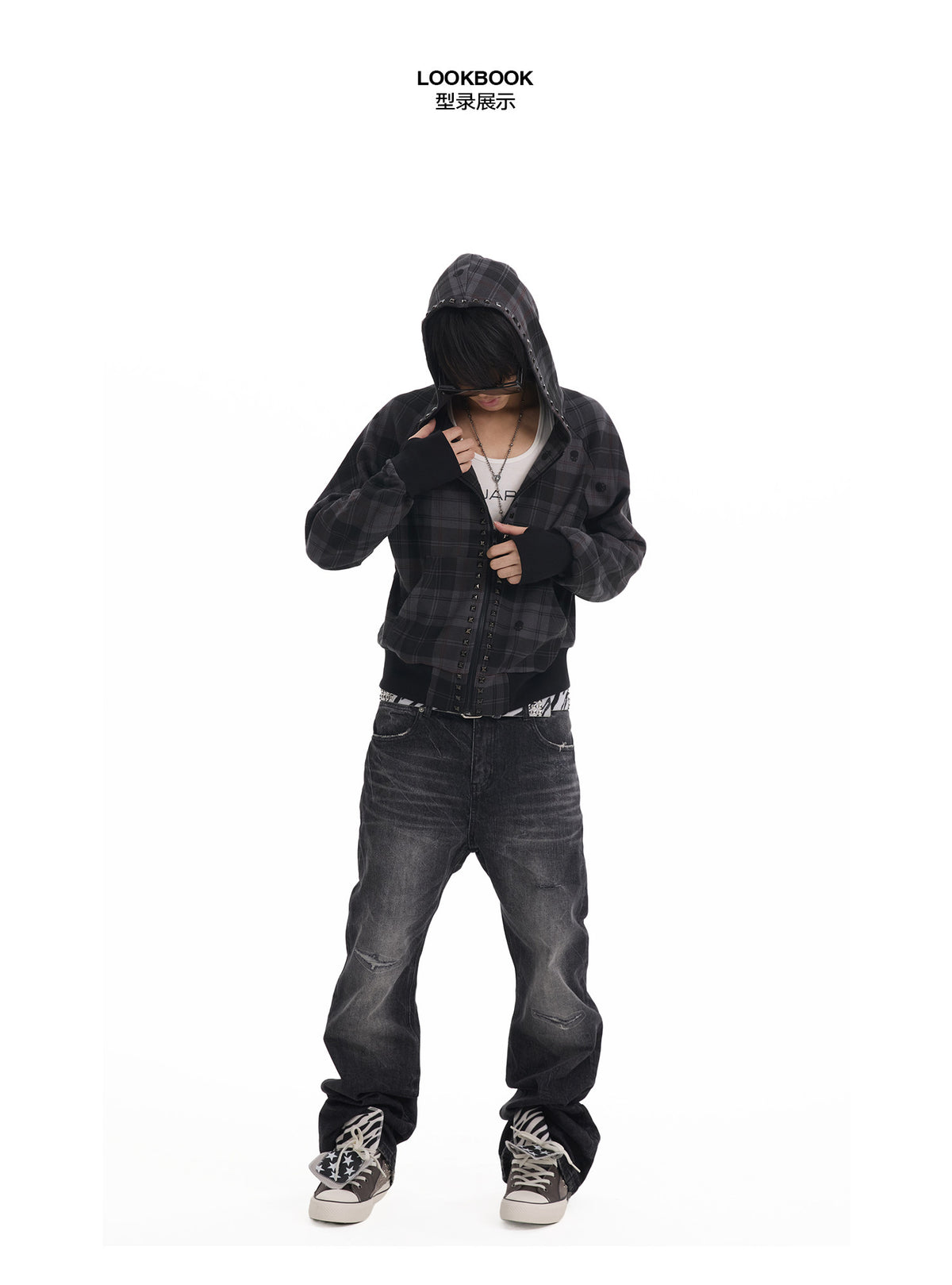 Dark Plaid Raglan Zip Up Hoodie