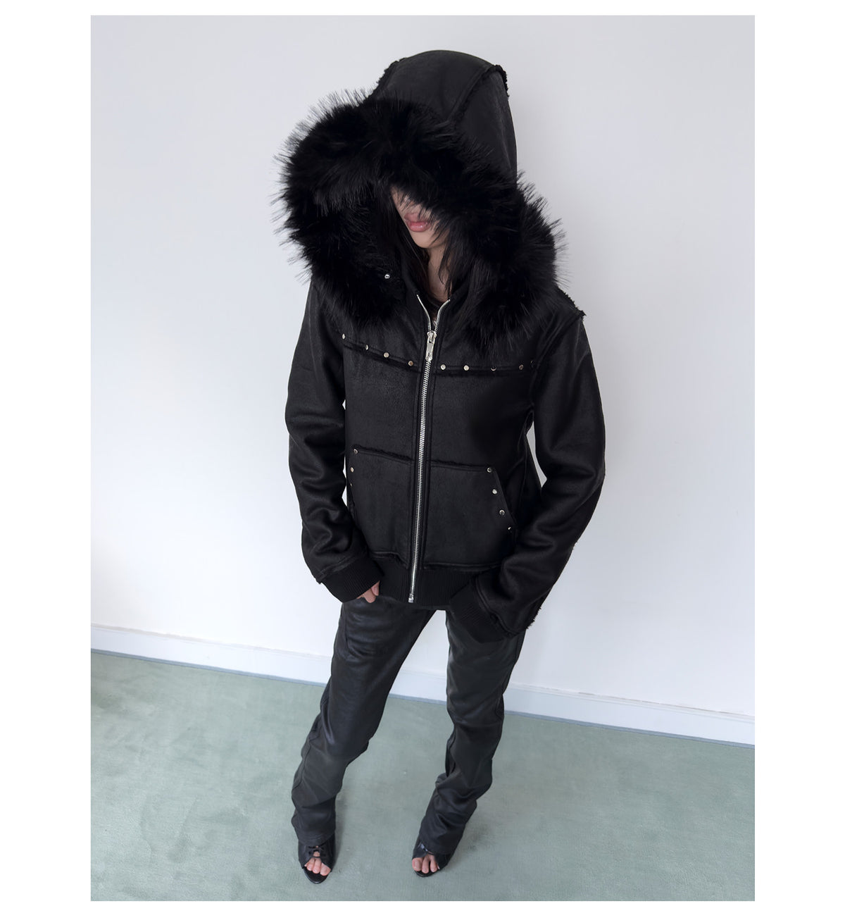 Cracked Faux Leather Fur Trim Hooded Jacket
