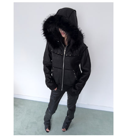 Cracked Faux Leather Fur Trim Hooded Jacket
