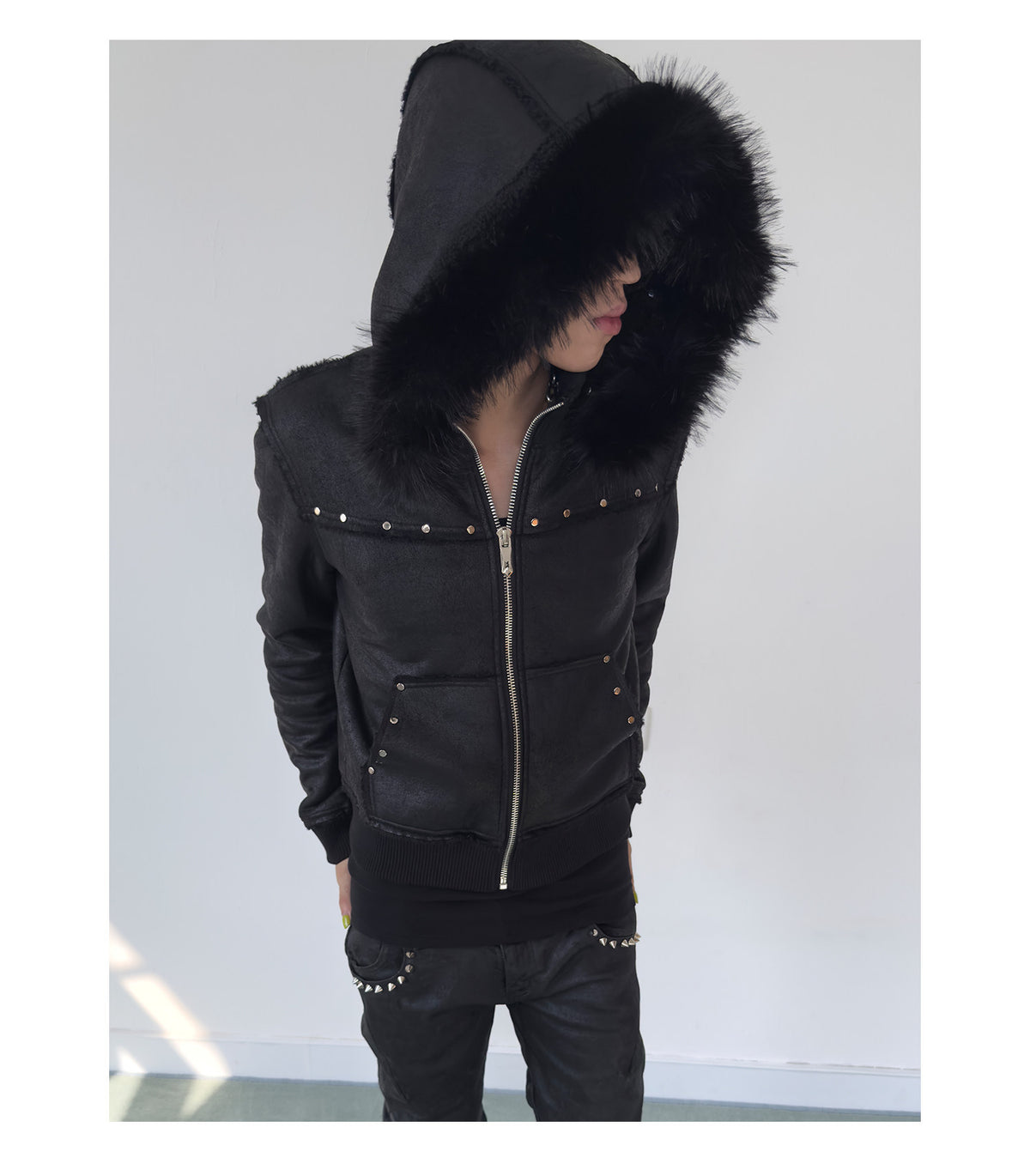 Cracked Faux Leather Fur Trim Hooded Jacket