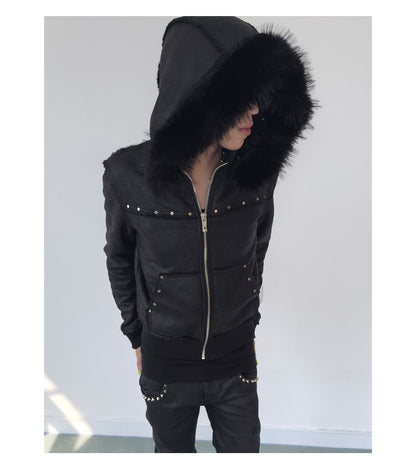 Cracked Faux Leather Fur Trim Hooded Jacket