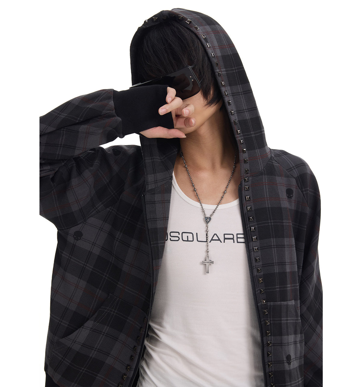 Dark Plaid Raglan Zip Up Hoodie