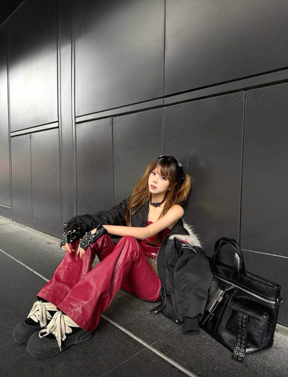 REVEL WAVE Red Lether Flare Pants