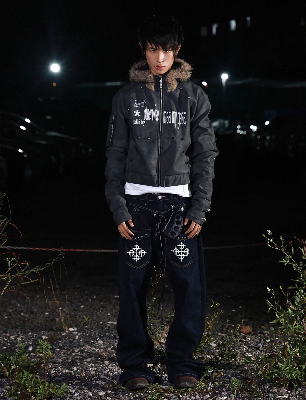 Studded Letter Print Fur Collar Cropped PU Leather Jacket