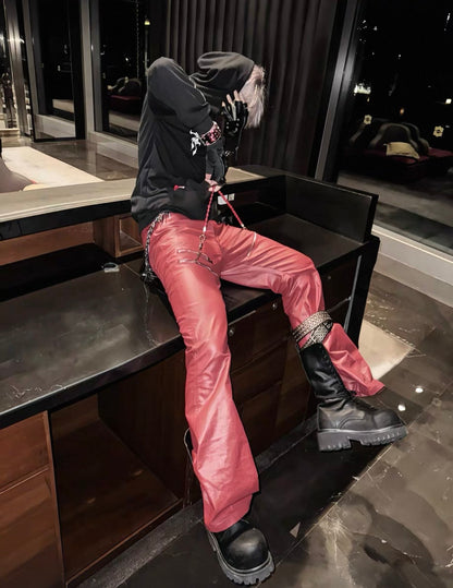 REVEL WAVE Red Lether Flare Pants