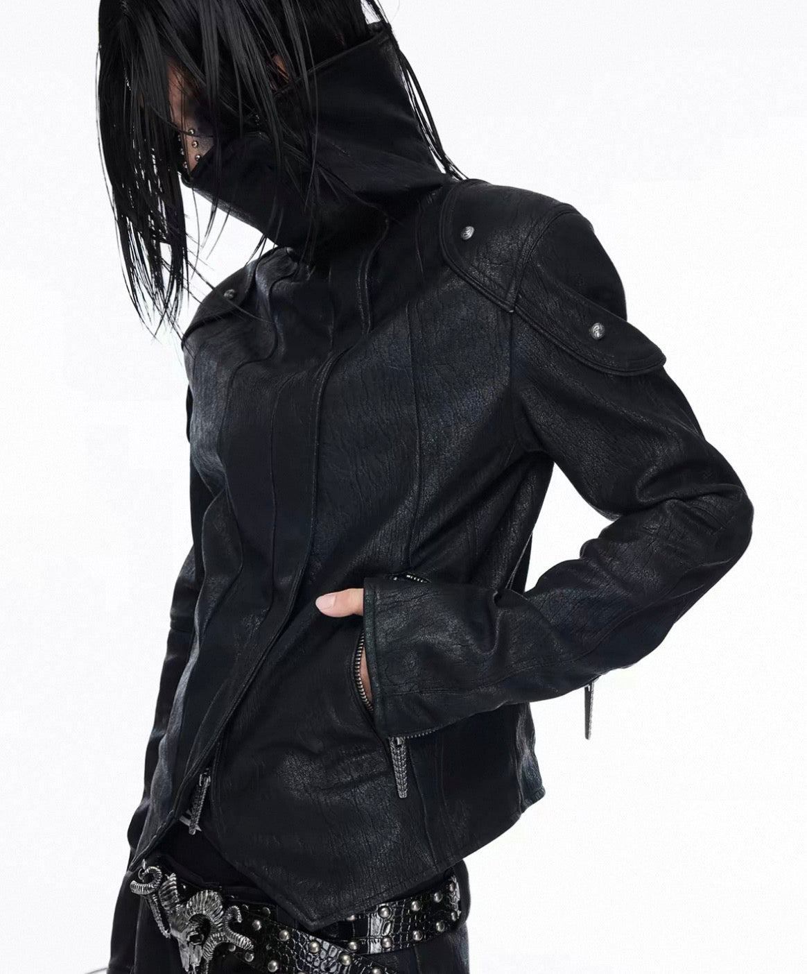 Asymmetric Split Stand Collar Leather Jacket