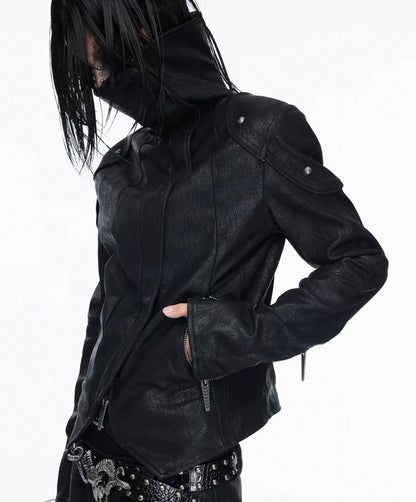 Asymmetric Split Stand Collar Leather Jacket
