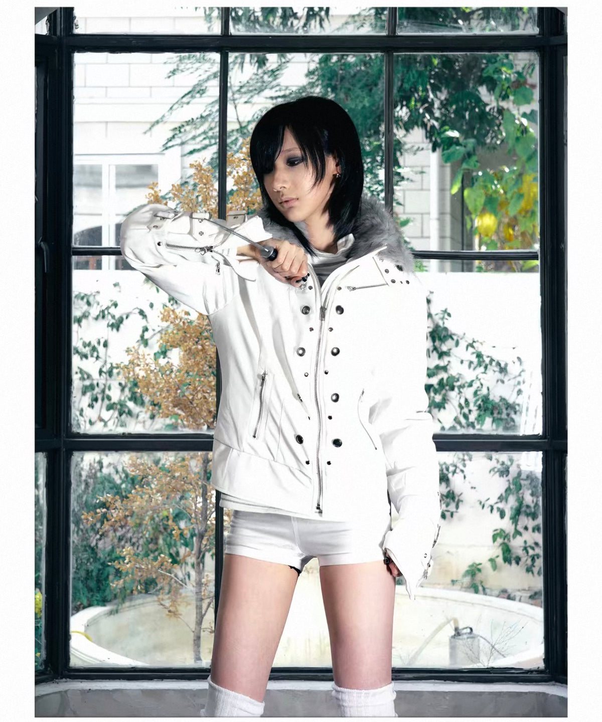 Cross Feather Napoleon Collar Suede-Touch Padded Jacket