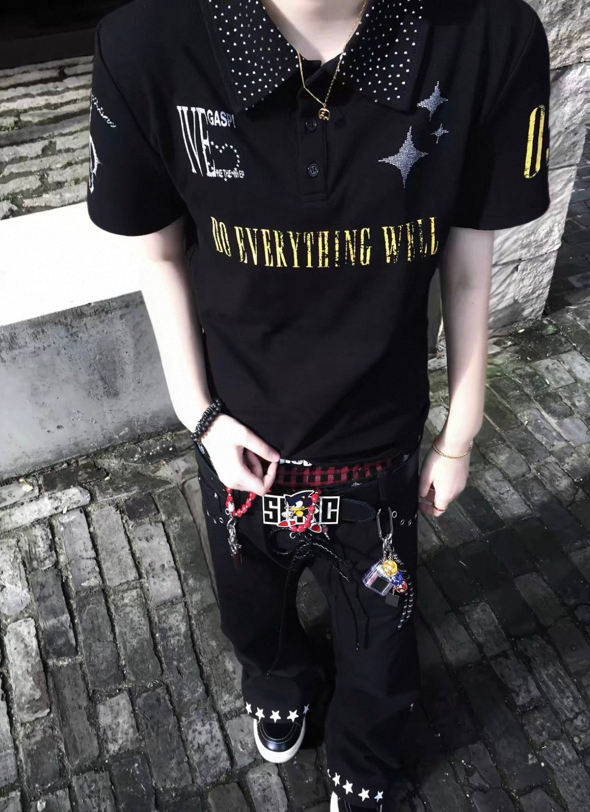 Rhinestone Slogan Piqué Polo Shirt
