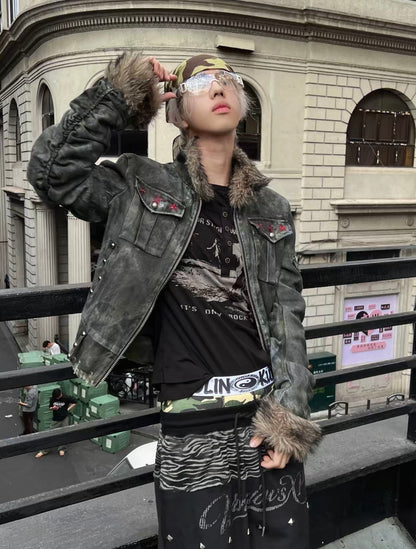 Washed Distressed Rivet Fur Collar Jacket